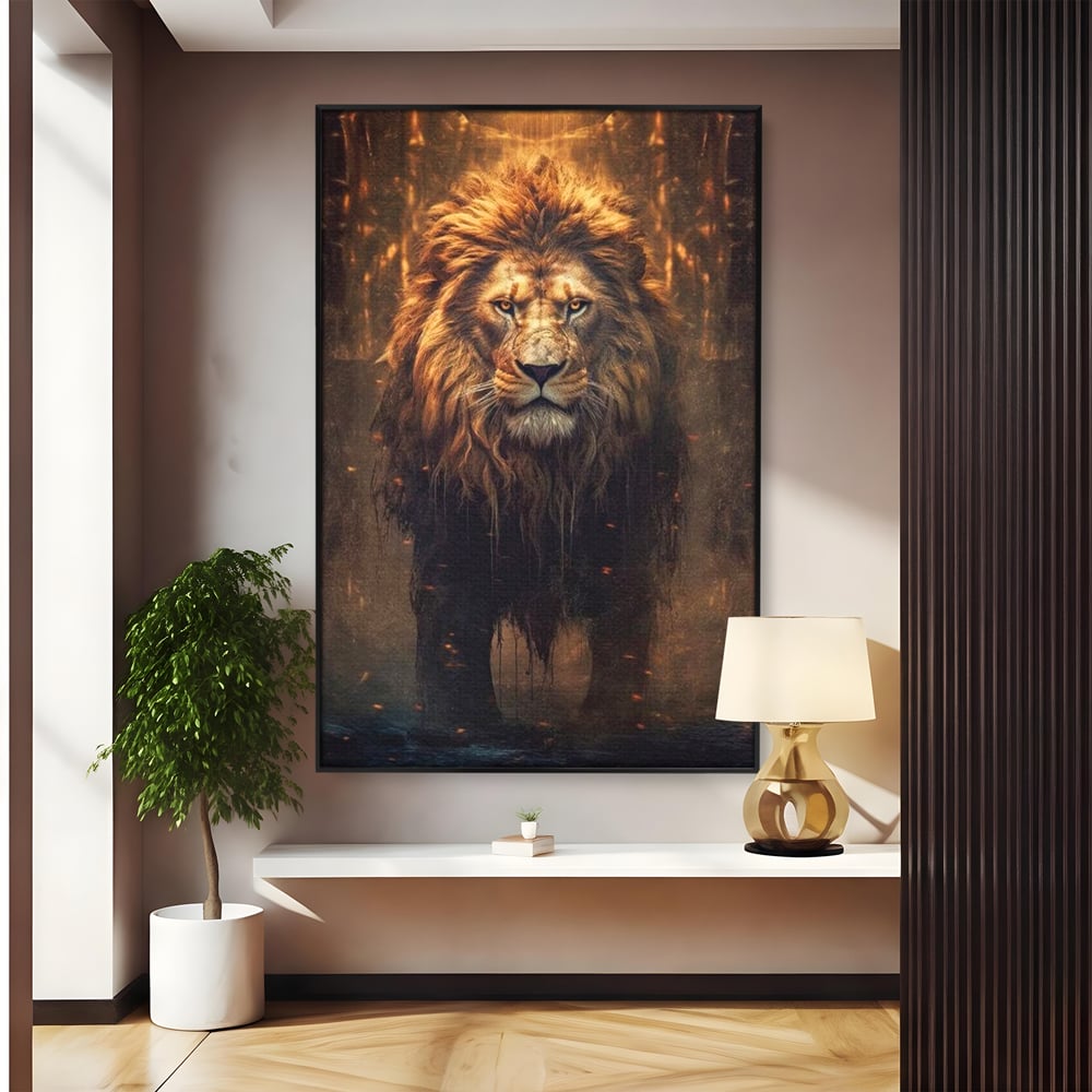 Tablou canvas cu tablou canvas cu portret de leu, in rama de aluminiu negru